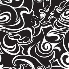 Seamless pattern of spirals and curls in black on on a white background, waves, plant, monochrome pattern