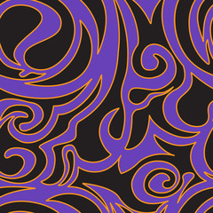 Seamless pattern of spirals and curls of black color on a purple background with orange edging, waves, vegetative