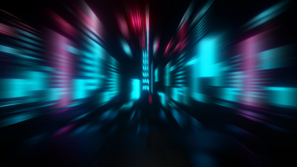 3D Rendering of digital city with skyscraper towers and modern retro pink aqua led glow light and reflection on sci fi glossy floor. Concept for big data, artificial intelligence, high tech product