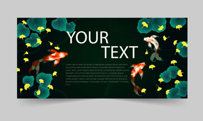 Autumn banner template with illustration of japanese pond with koi carp, ginkgo leaves and lotus leaves on dark background. Watercolor imitation vector illustration