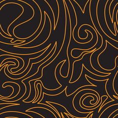 Seamless pattern of spirals and curlicues of orange on a black background, waves, vegetative