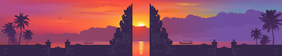 Bali traditional gate silhouette on sunset beach with palm trees and fishing boats background, vector balinese panorama banner illustration