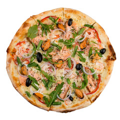 Delicious hot pizza with salmon, mussels, olives, tomatoes and various spices. On white background