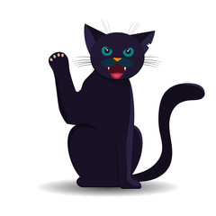 Black Halloween cat with a ragged ear and raised paw. Vector illustration. - 279606127
