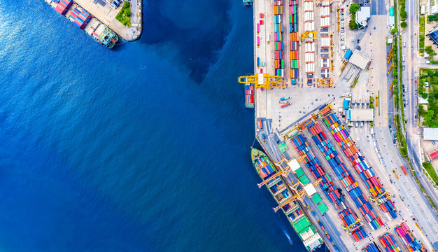 Logistics and transportation of Container Cargo ship and Cargo import/export and business logistics, Shipping , Top view ,Aerial view from drone