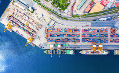 Logistics and transportation of Container Cargo ship and Cargo import/export and business logistics, Shipping , Top view ,Aerial view from drone - obrazy, fototapety, plakaty