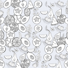 fruit line white and black pattern. Tropical fruits home textile design background