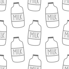 Seamless pattern with milk bottles. Vector template for wrapping paper, bedding pattern for kids, print on clothes.