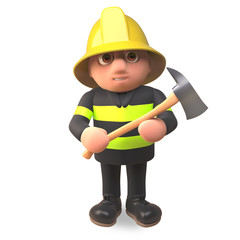 Fireman firefighter character holding a fire axe, 3d illustration