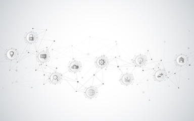 Technical abstract background with connecting dots and lines. Digital technology and communication concept with flat icons.