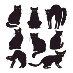 Black cats collection isolated on white background. Witch pet. Vector illustration in cartoon style