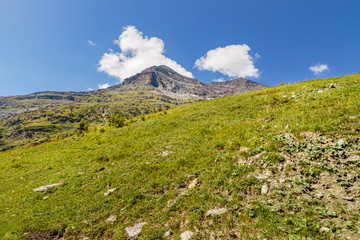 Fototapeta premium Rocky mountain top, green pastures under a blue sky with white clouds on sunny day in summer. Zinal, Val d' Anniviers, Valais, Switzerland