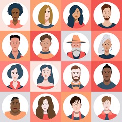 Fototapeta premium Set of flat style avatars of colorful vector icons. Character set of people.