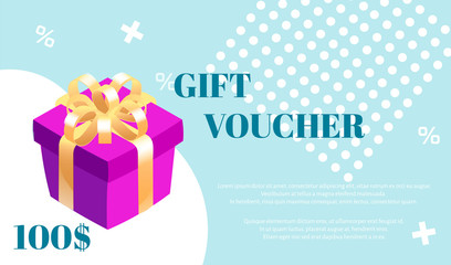 Gift voucher. Vector template with gift box and white graphic elements on blue background.
