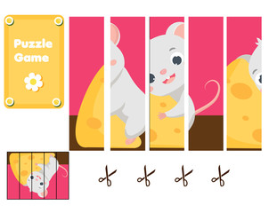 Cute mouse and chees. Puzzle for toddlers. Match pieces and complete the picture. Educational game for children