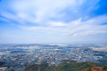 landscape of Kitakyushu city japan looked from Sakurayama Observatory.Blue sky in the autumn season.