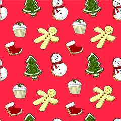 Seamless pattern of cupcake, sock, sweets, Christmas tree, cookies, snowmen, gingerbread on red festive elements for restaurant and cafe menu, for web.art object isolated stock vector isolation