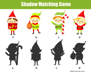 Shadow matching game. Kids activity with Christmas Santa elves. New year theme fun page for toddlers