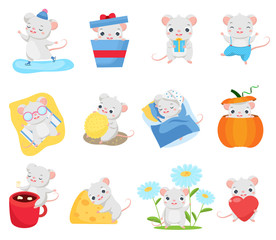 Cartoon mouse set. Cute rats in different poses. Big collection of funny rodent animal for 2020 chinese new year greetings