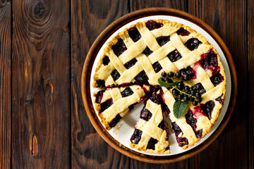 Berry pie summer. Sweet pie, tart with fresh berry currant. Delicious cake with currant. Top view flat lay with copy space for your text.