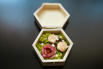 Fototapeta na wymiar gold wedding rings in a decorated box