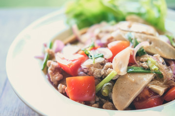 spicy vermicelli salad mix with minced pork tomato vegetable