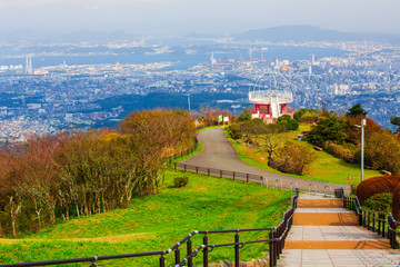 Fototapeta premium landscape of Kitakyushu city japan looked from Sakurayama Observatory.Blue sky in the autumn season.