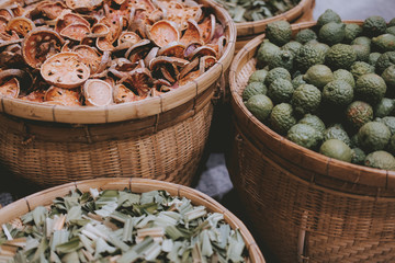 kaffir lime, pandan leaves,  bael. dried herb for making herbal massage ball