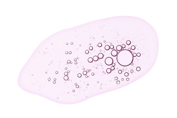 Face serum texture. Pink transparent liquid gel with bubbles smear isolated on white background.