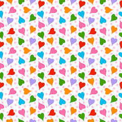On a white seamless background multicolored bright hearts with pink spirals for greeting cards, gifts, Valentine's Day.