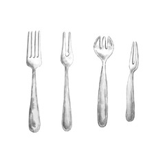 watercolor cutlery, silver, forks