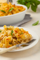 Traditional North American dish. Baked pasta with cheese.