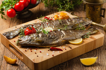 Grilled whole trout. Served with baked potatoes.