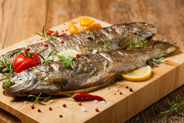 Grilled whole trout. Served with baked potatoes.
