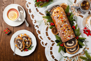 Poppy seed roulade in Christmas decoration. Served with coffee or tea.