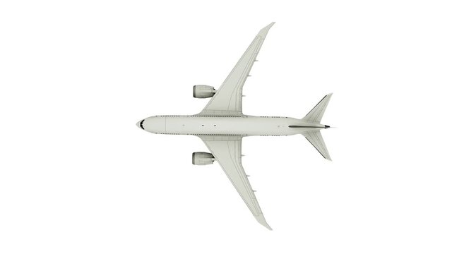 Airplane flying, isolated on white background, top view. Alpha Channel Included