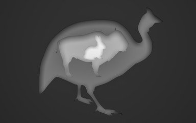 black and grey paper cut bird and animals background. 3D rendering