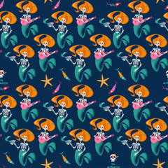 Obraz premium Seamless background pattern with Skeletons of Mermaids. Dia de Muertos (Day of the Dead). Mexican tradition.