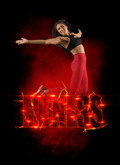 Fototapeta na wymiar Fitness poster. Sporty girl jumping on smoke background