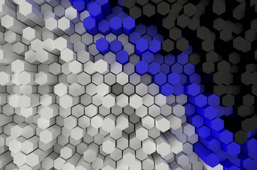 Abstract Tri-color white blue black Hexagon pattern 3d rendering .