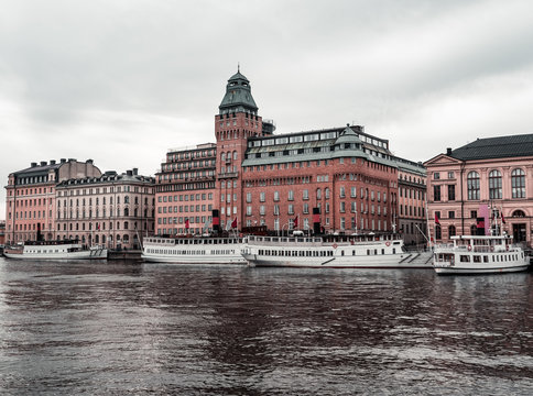 Old but modern steamships by the Nybrokajen quay waiting for passengers Stockholm Sweden