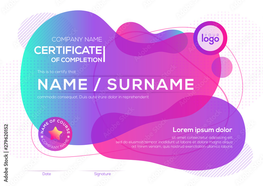 Poster modern certificate of completion template with vibrant bold color fluid liquid graphic background