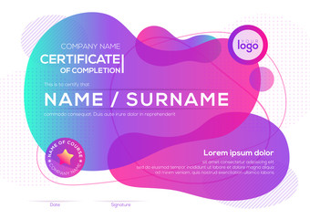 modern certificate of completion template with vibrant bold color fluid liquid graphic background