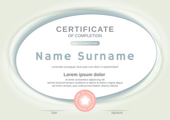 Certificate template with oval shape background. Certificate of completion, award diploma design template. Vector illustration