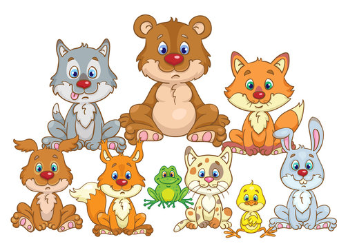 Portrait of cute forest dwellers. Bear cub, wolf cub, chanterelle, rabbit, kitten, dog, chick, frog and squirrel are sitting in the meadow. In cartoon style. Isolated on white background.