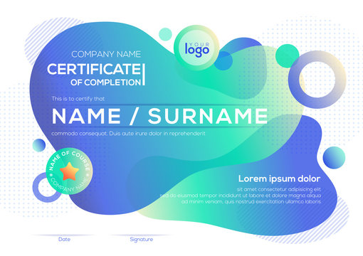 modern certificate of completion template with vibrant bold color fluid liquid graphic background