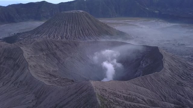 AERIAL: Landscape of caldera Bromo volcano, Java island, Indonesia