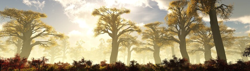 Panorama of the autumn park, trees in the morning fog in autumn