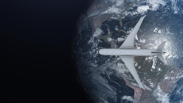 Digitally generated of airplane flying around earth on space background 4k