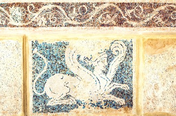 The ancient Greek mosaic with a Sphynx in the Archeology Museum in Rhodes, Greece.
